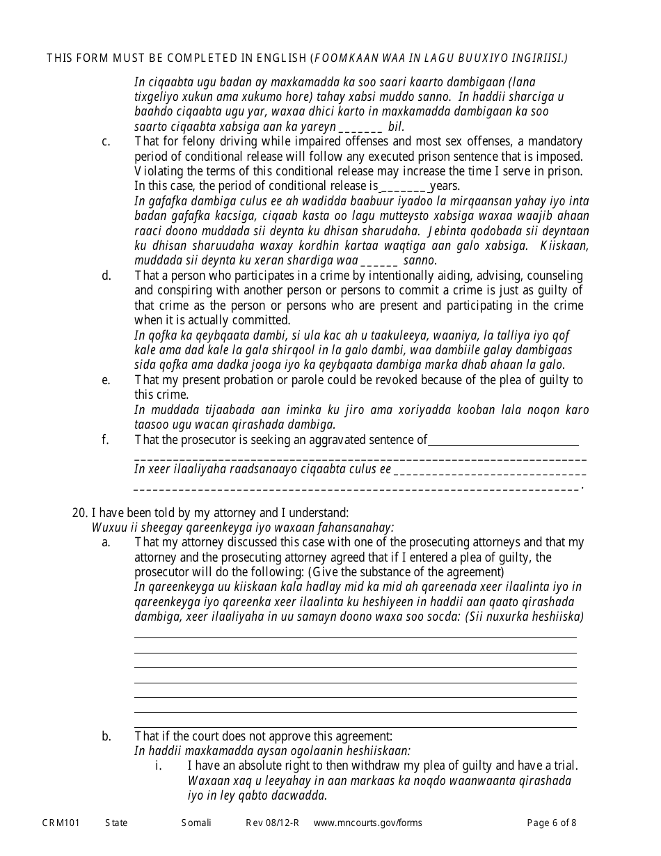 Form CRM101 Petition to Enter Plea of Guilty in Felony Case Pursuant to Rule 15 - Minnesota (English / Somali), Page 6