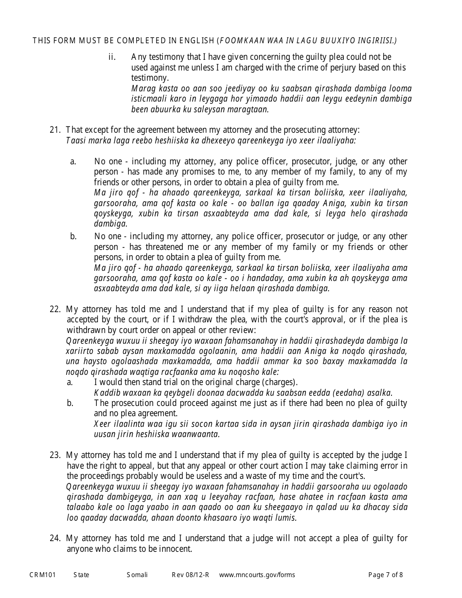 Form CRM101 Petition to Enter Plea of Guilty in Felony Case Pursuant to Rule 15 - Minnesota (English / Somali), Page 7
