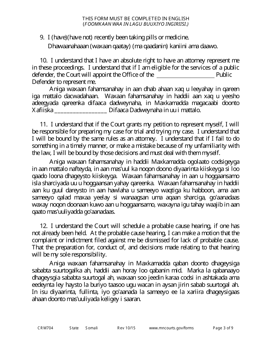 Form CRM704 (11) Petition to Proceed Pro Se Counsel - Minnesota (English / Somali), Page 3