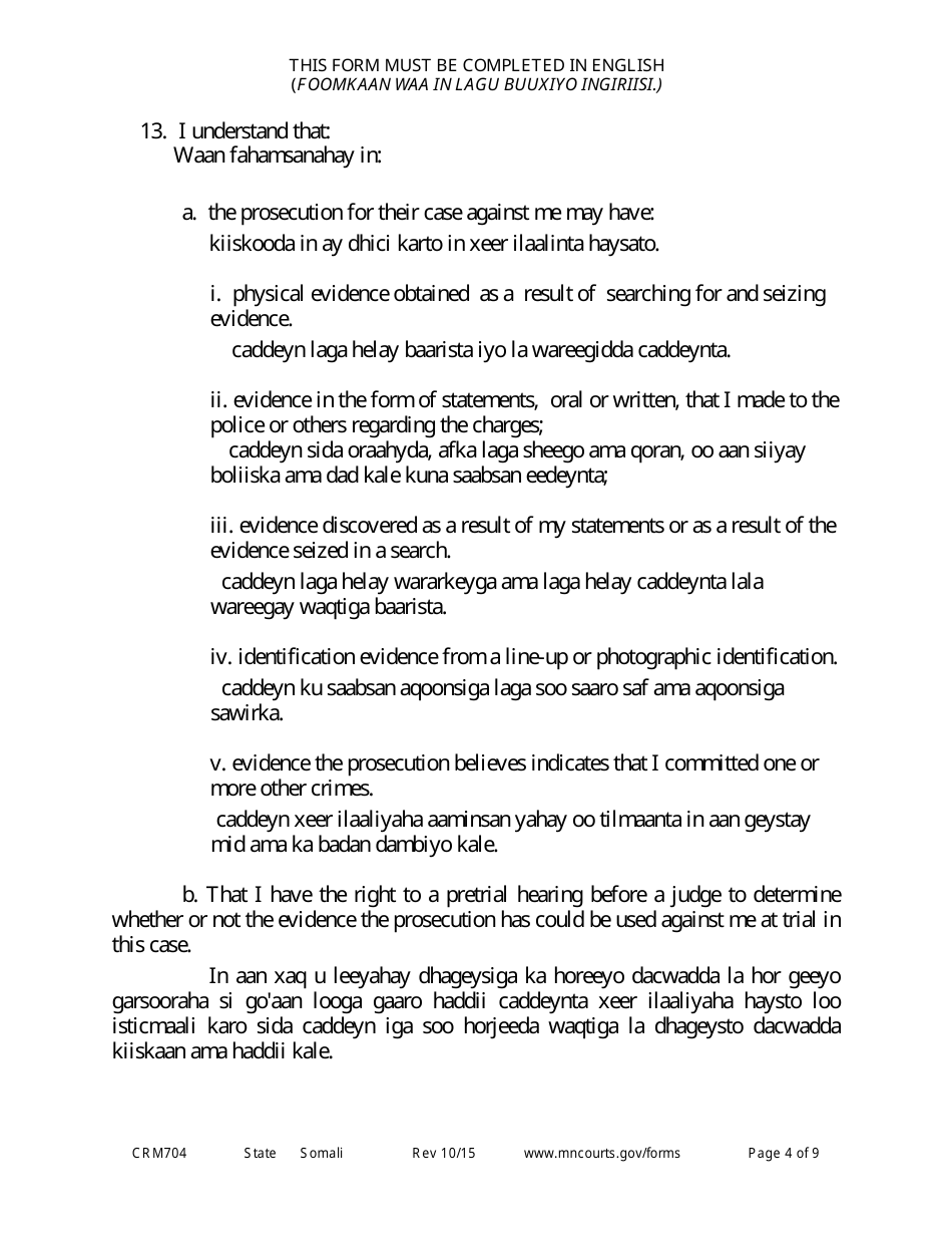 Form CRM704 (11) Petition to Proceed Pro Se Counsel - Minnesota (English / Somali), Page 4