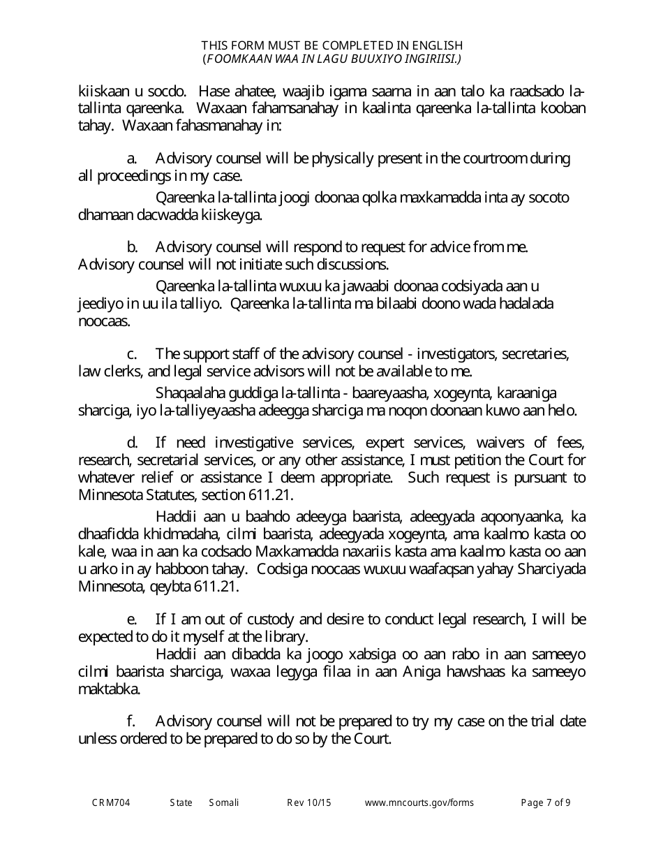 Form CRM704 (11) Petition to Proceed Pro Se Counsel - Minnesota (English / Somali), Page 7