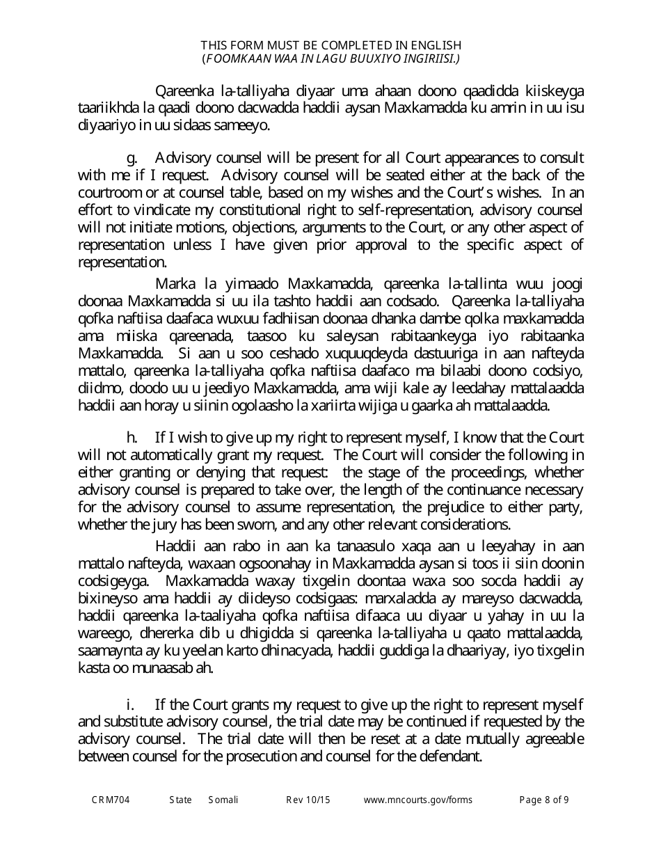 Form CRM704 (11) Petition to Proceed Pro Se Counsel - Minnesota (English / Somali), Page 8