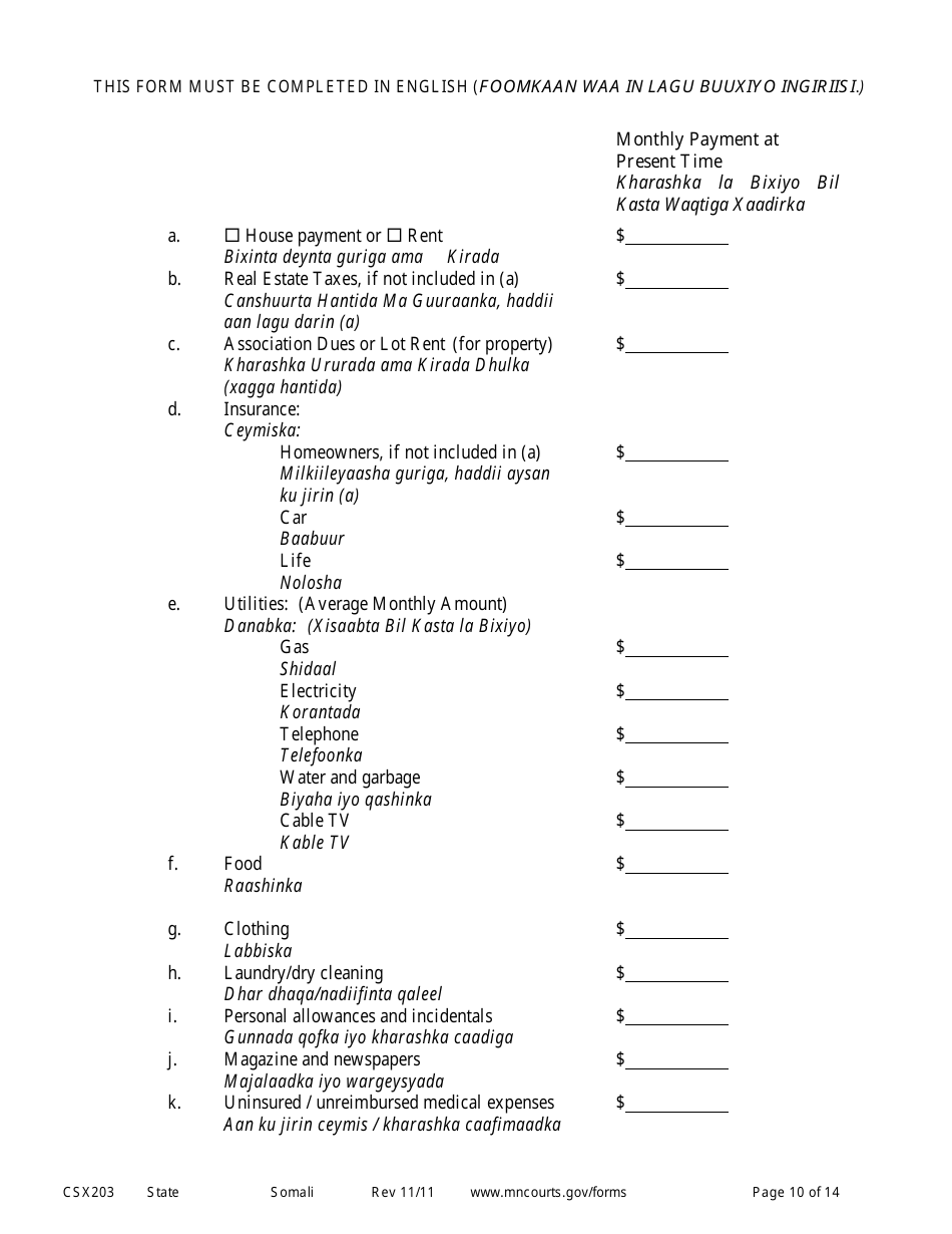 Form CSX203 Affidavit in Support of Motion to Modify Child Support - Minnesota (English / Somali), Page 10
