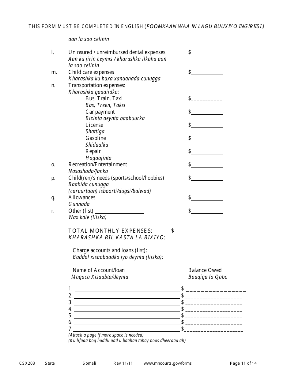 Form CSX203 Affidavit in Support of Motion to Modify Child Support - Minnesota (English / Somali), Page 11
