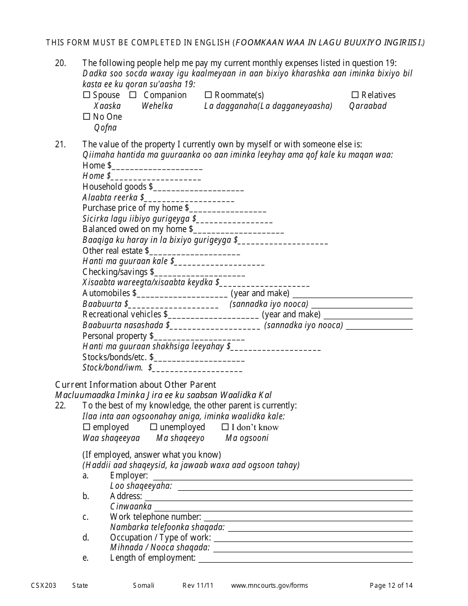 Form CSX203 Affidavit in Support of Motion to Modify Child Support - Minnesota (English / Somali), Page 12