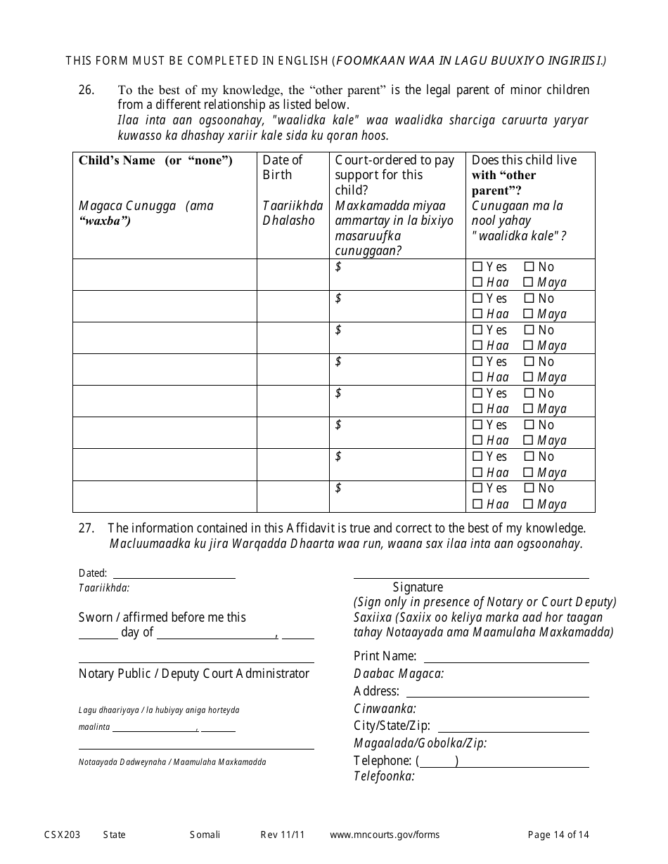 Form CSX203 Affidavit in Support of Motion to Modify Child Support - Minnesota (English / Somali), Page 14
