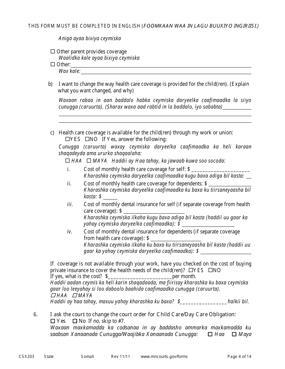 Form CSX203 Affidavit in Support of Motion to Modify Child Support - Minnesota (English / Somali), Page 4