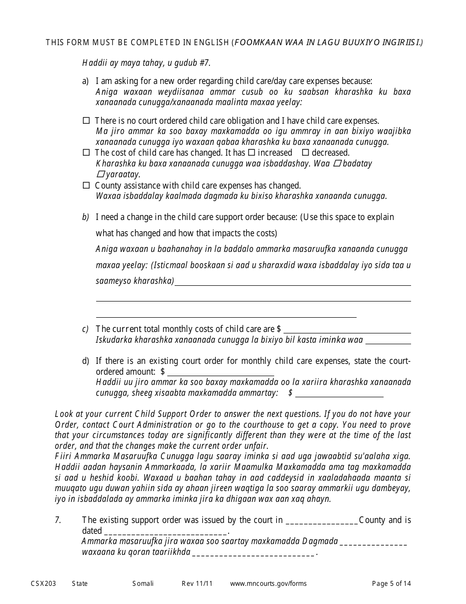 Form CSX203 Affidavit in Support of Motion to Modify Child Support - Minnesota (English / Somali), Page 5