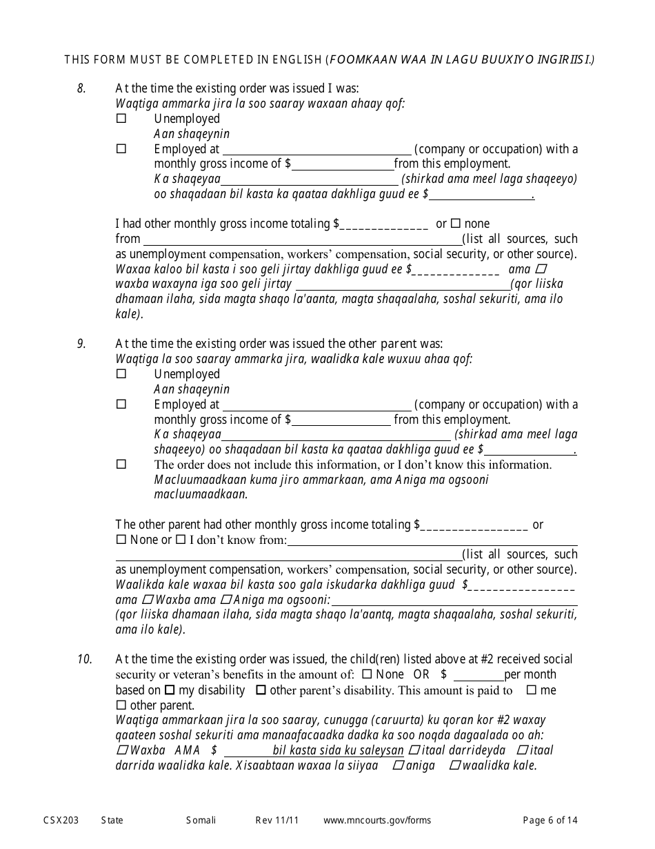Form CSX203 Affidavit in Support of Motion to Modify Child Support - Minnesota (English / Somali), Page 6