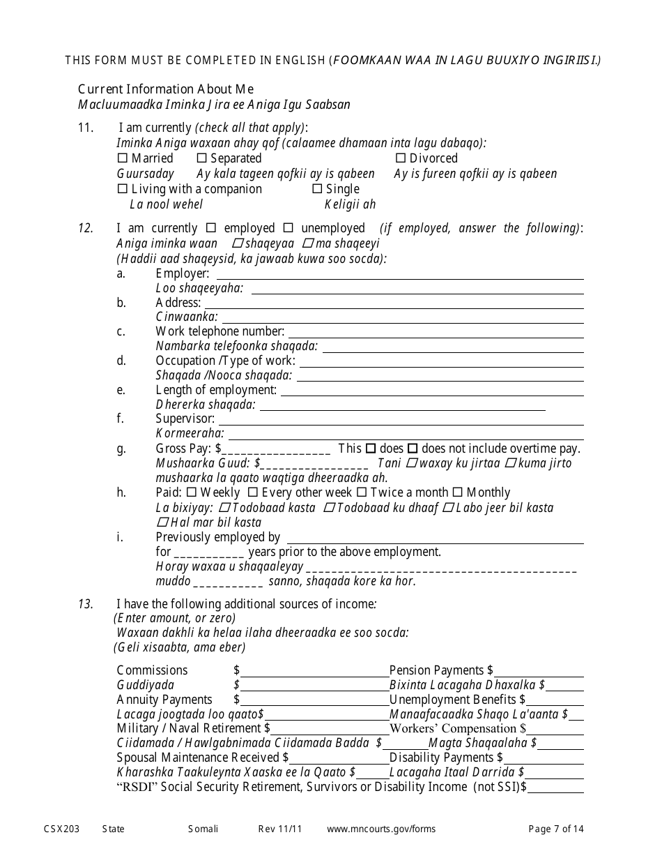 Form CSX203 Affidavit in Support of Motion to Modify Child Support - Minnesota (English / Somali), Page 7