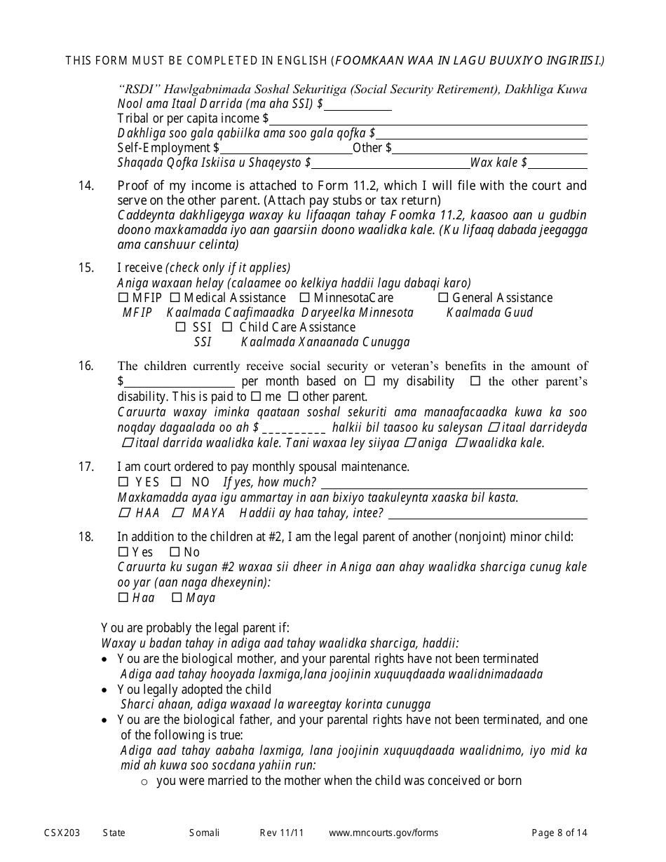 Form CSX203 Affidavit in Support of Motion to Modify Child Support - Minnesota (English / Somali), Page 8