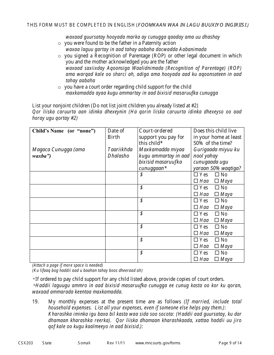 Form CSX203 Affidavit in Support of Motion to Modify Child Support - Minnesota (English / Somali), Page 9