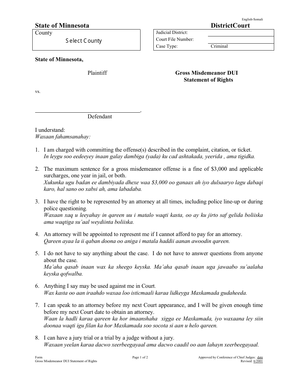 Gross Misdemeanor Dui Statement of Rights - Minnesota (English / Somali), Page 1