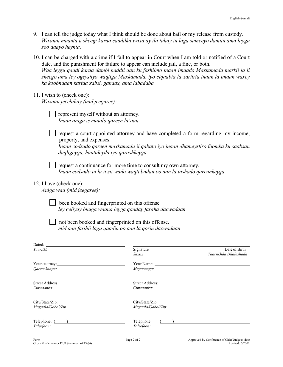 Minnesota Gross Misdemeanor Dui Statement Of Rights (english Somali 