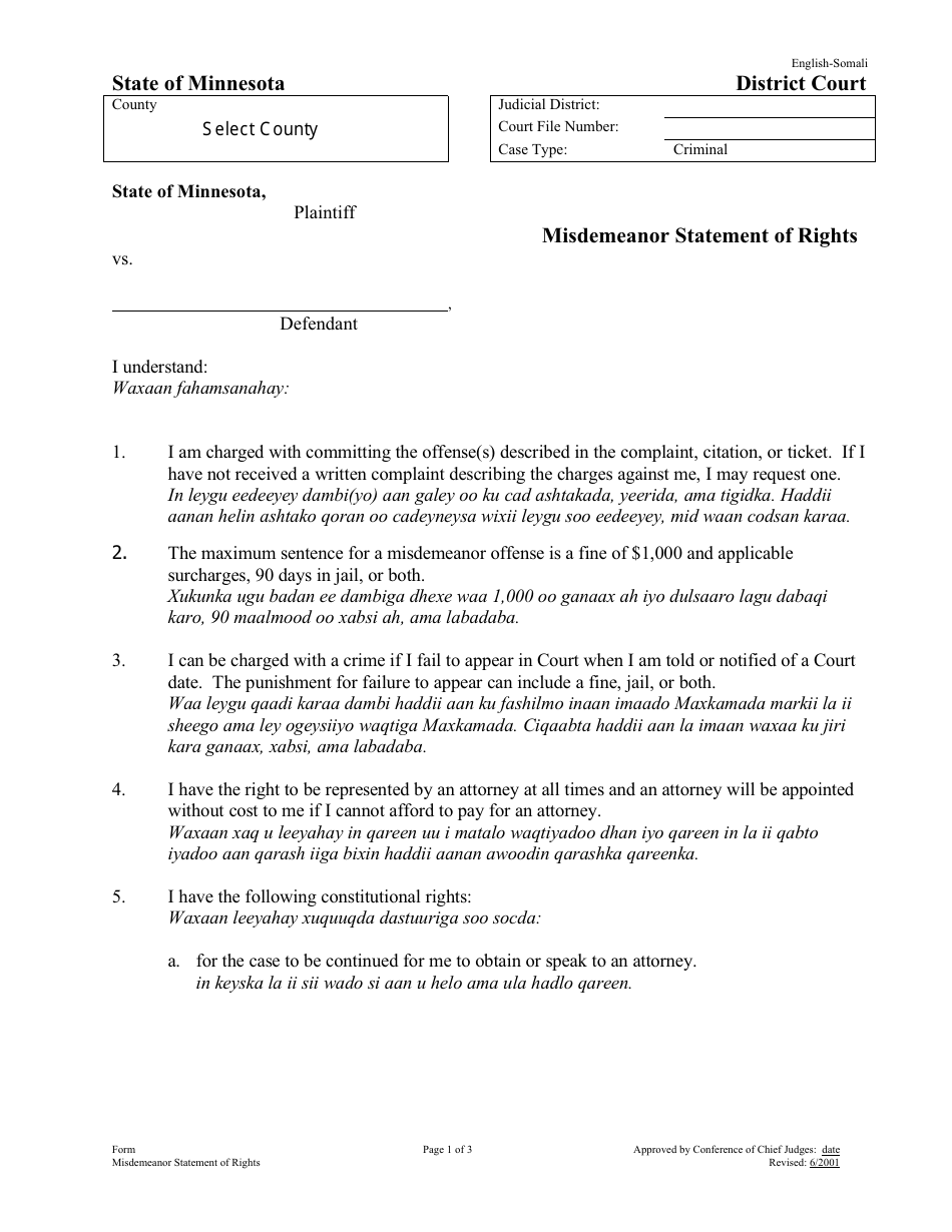 Misdemeanor Statement of Rights - Minnesota (English / Somali), Page 1