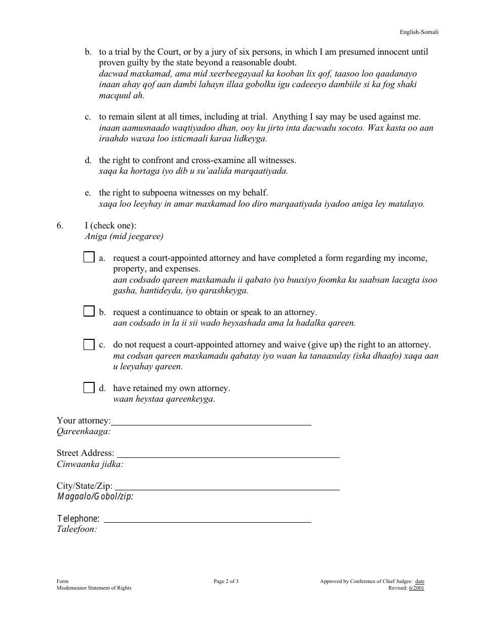 Misdemeanor Statement of Rights - Minnesota (English / Somali), Page 2