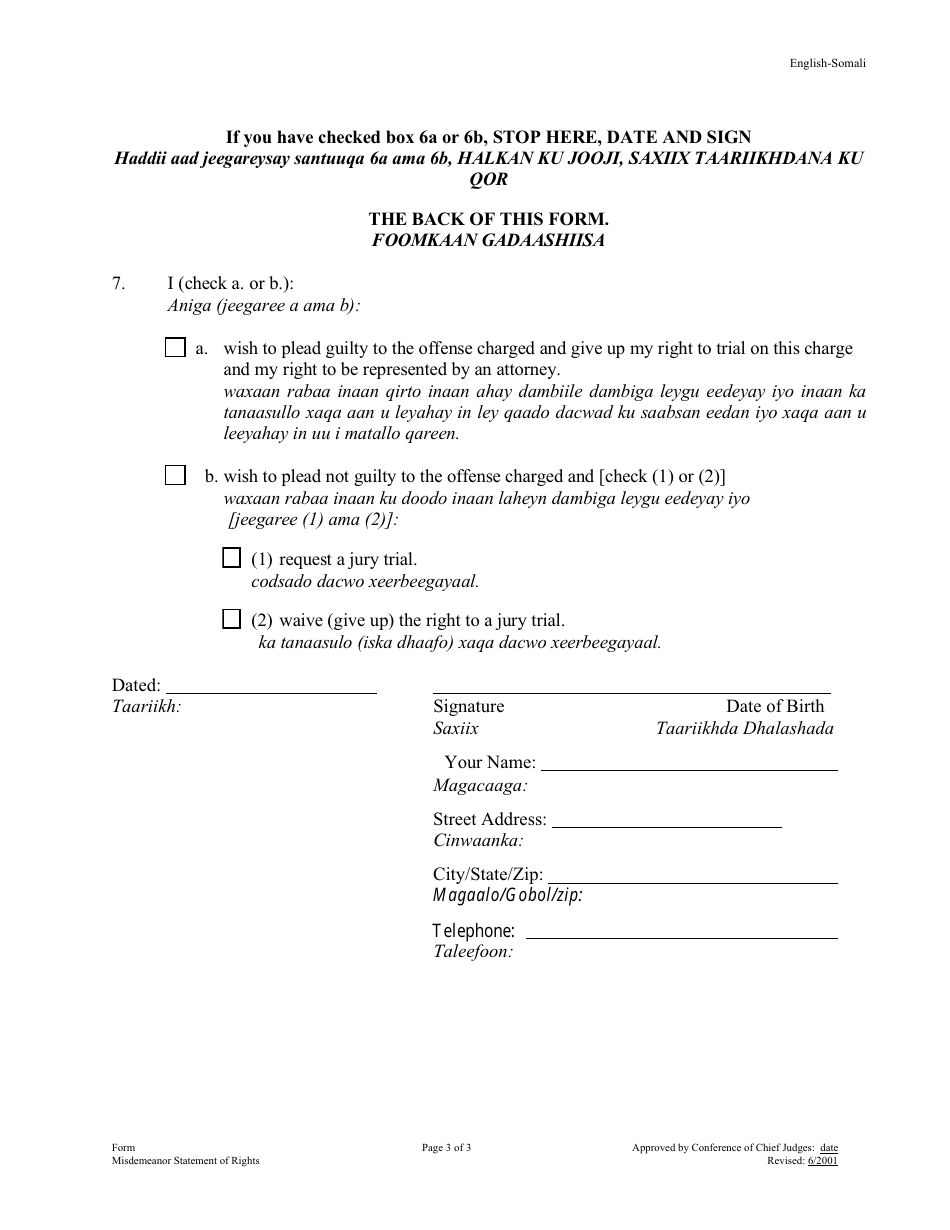 Misdemeanor Statement of Rights - Minnesota (English / Somali), Page 3