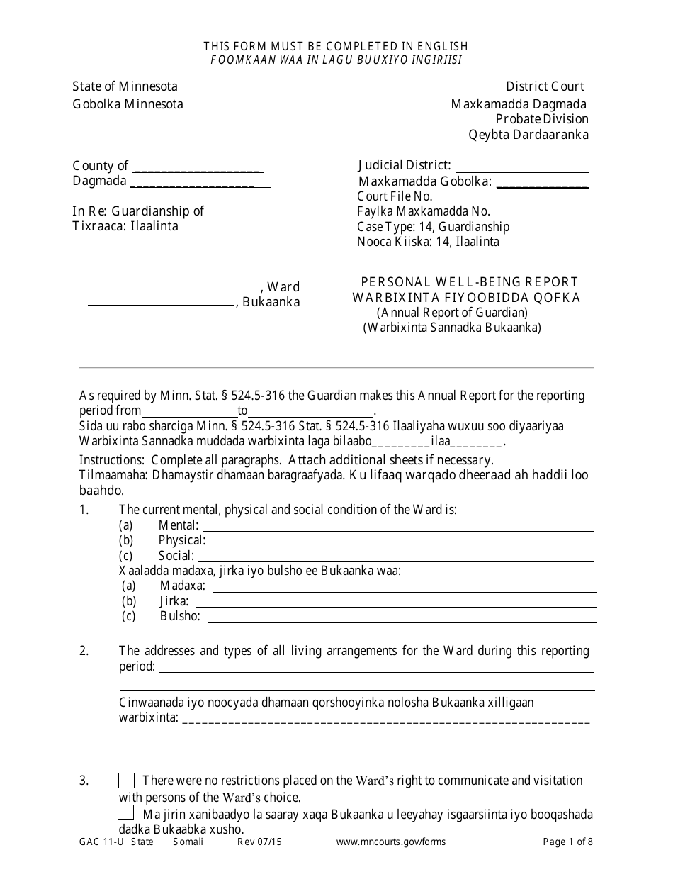 Form GAC11-U Personal Well-Being Report (Guardianship) - Minnesota (English / Somali), Page 1