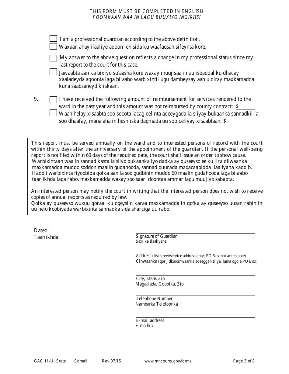 Form GAC11-U Personal Well-Being Report (Guardianship) - Minnesota (English / Somali), Page 3
