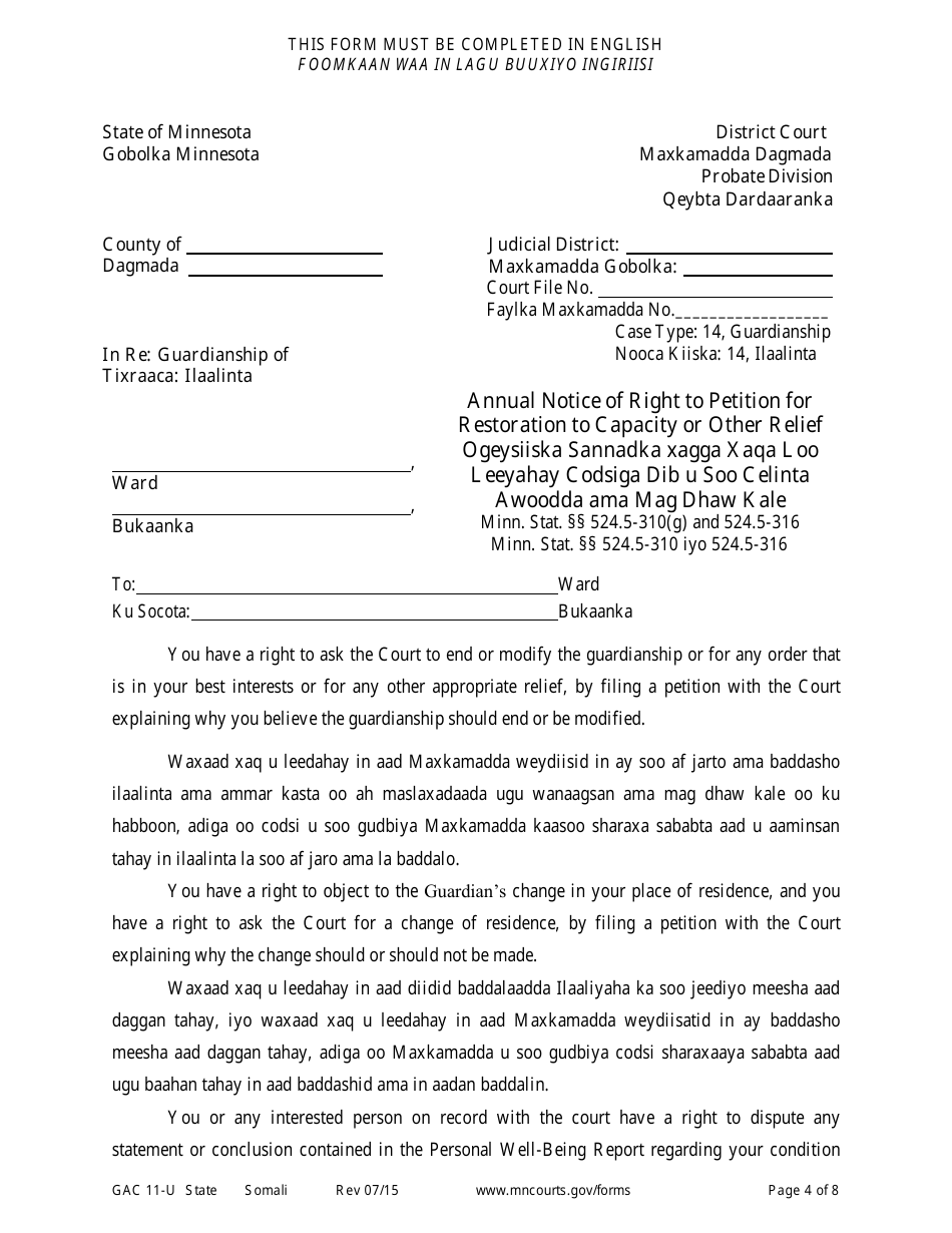 Form GAC11-U Personal Well-Being Report (Guardianship) - Minnesota (English / Somali), Page 4