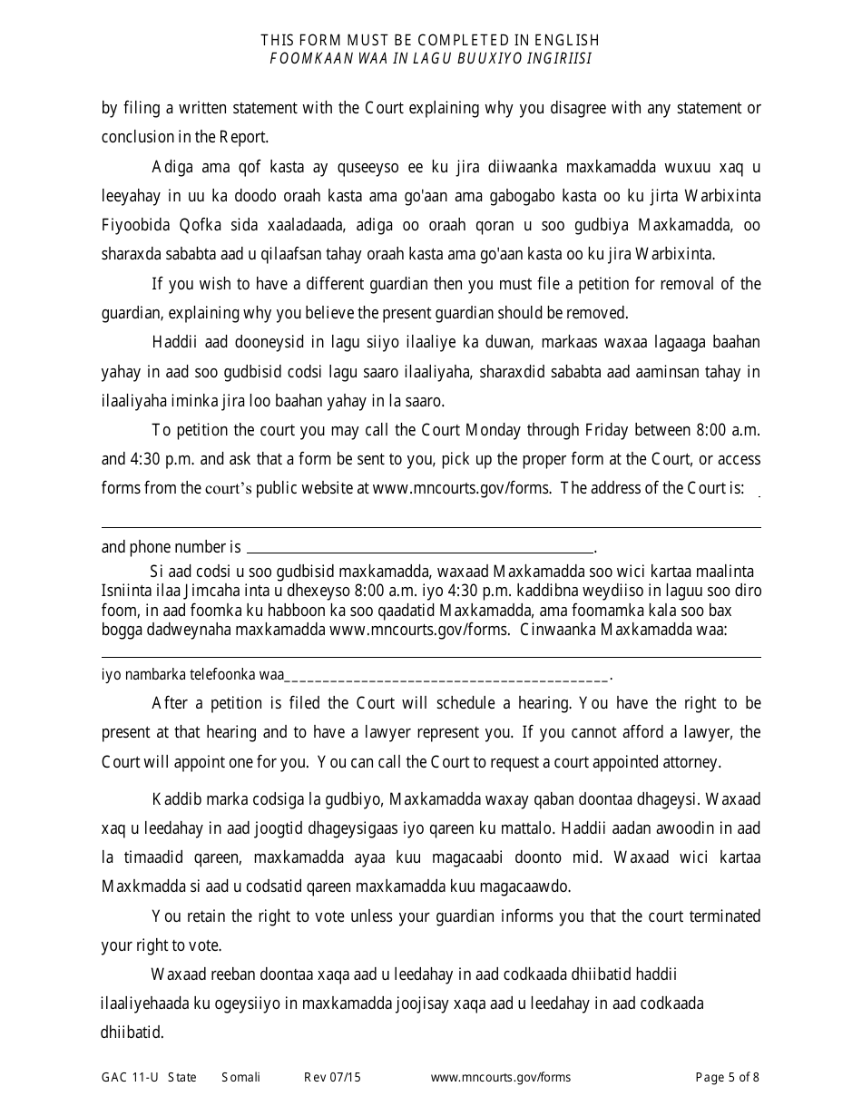 Form GAC11-U Personal Well-Being Report (Guardianship) - Minnesota (English / Somali), Page 5