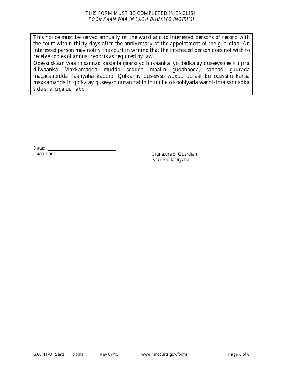 Form GAC11-U Personal Well-Being Report (Guardianship) - Minnesota (English / Somali), Page 6