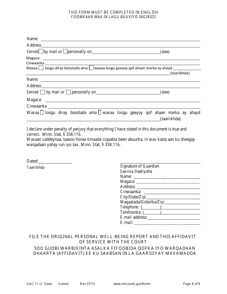 Form GAC11-U Personal Well-Being Report (Guardianship) - Minnesota (English / Somali), Page 8