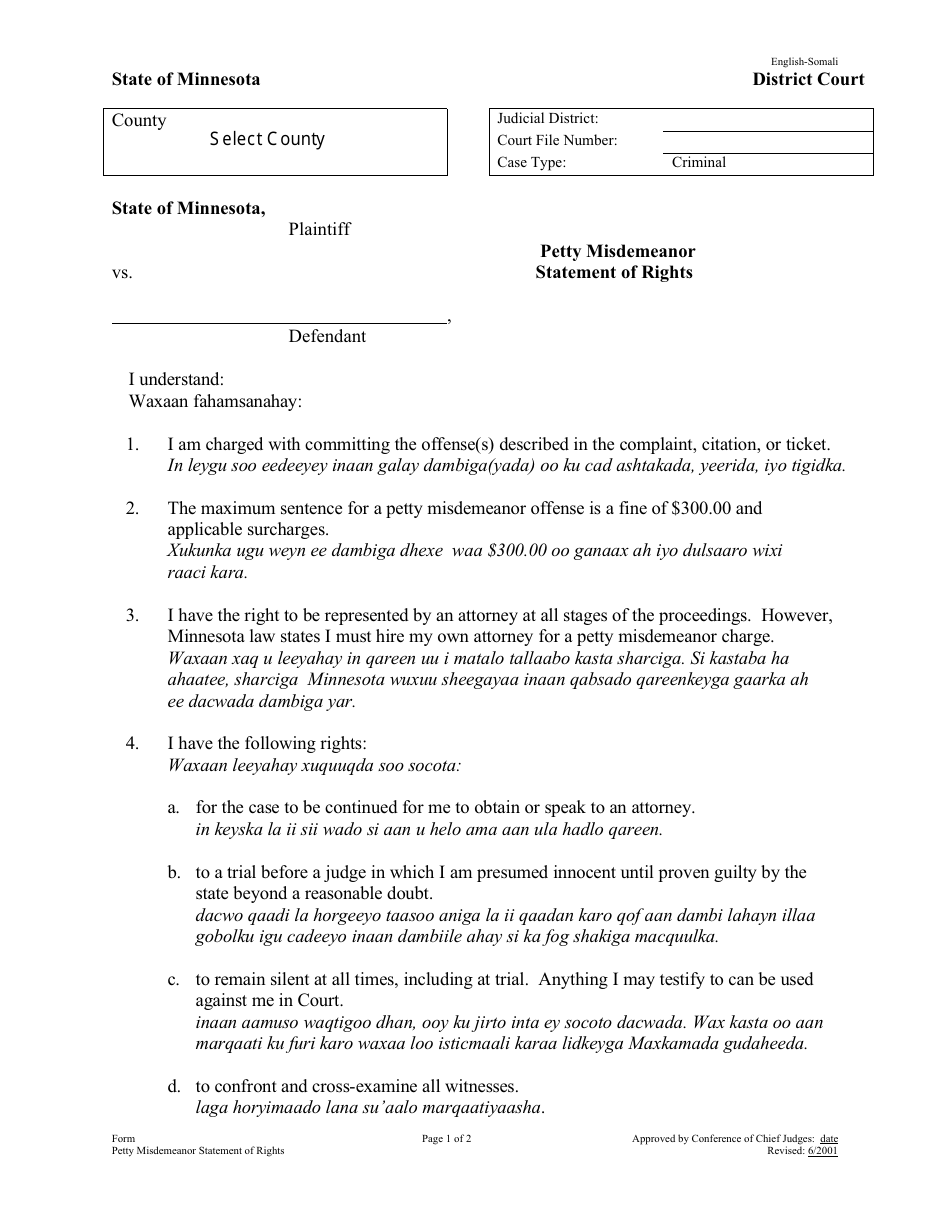 Petty Misdemeanor Statement of Rights - Minnesota (English / Somali), Page 1