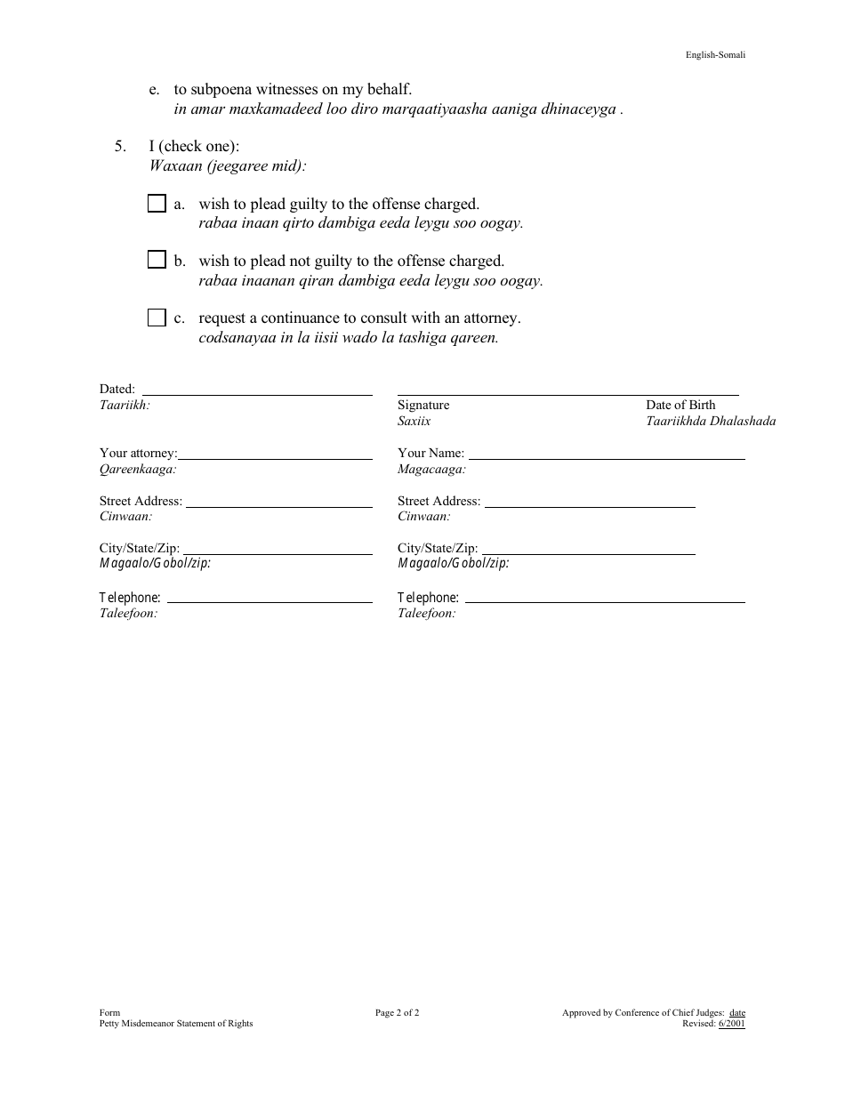 Petty Misdemeanor Statement of Rights - Minnesota (English / Somali), Page 2