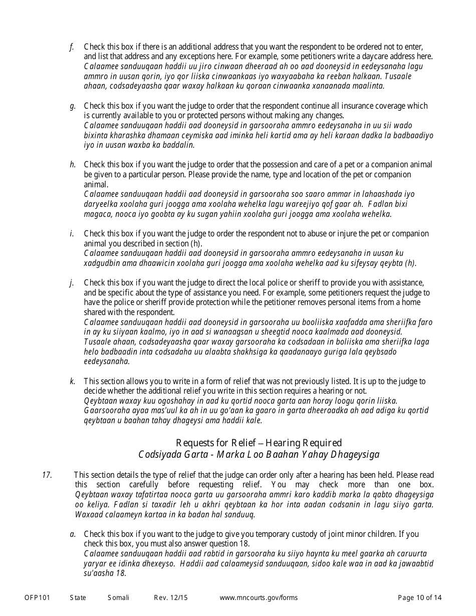 Form OFP101 Instructions to Apply for an Order for Protection - Minnesota (English / Somali), Page 10
