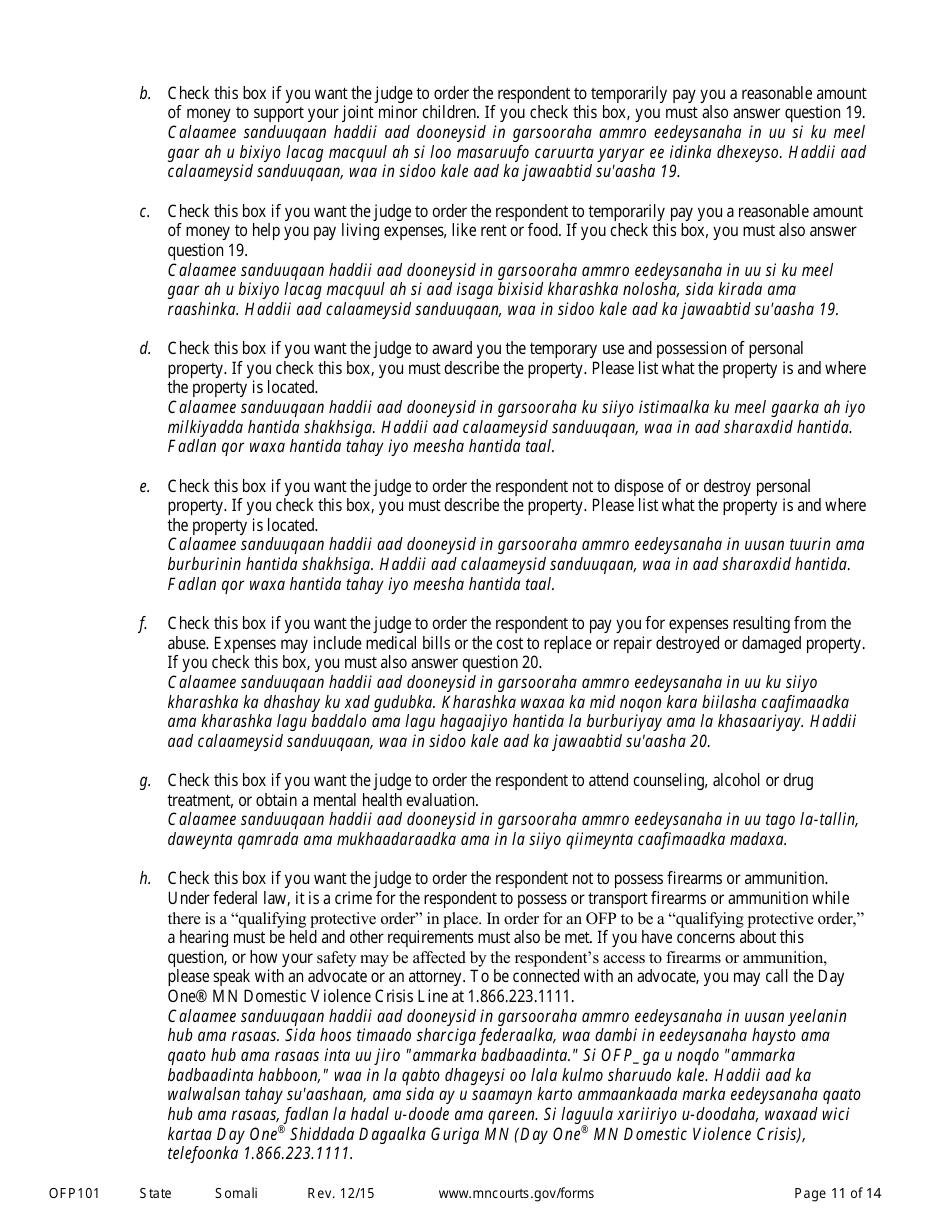 Form OFP101 Instructions to Apply for an Order for Protection - Minnesota (English / Somali), Page 11