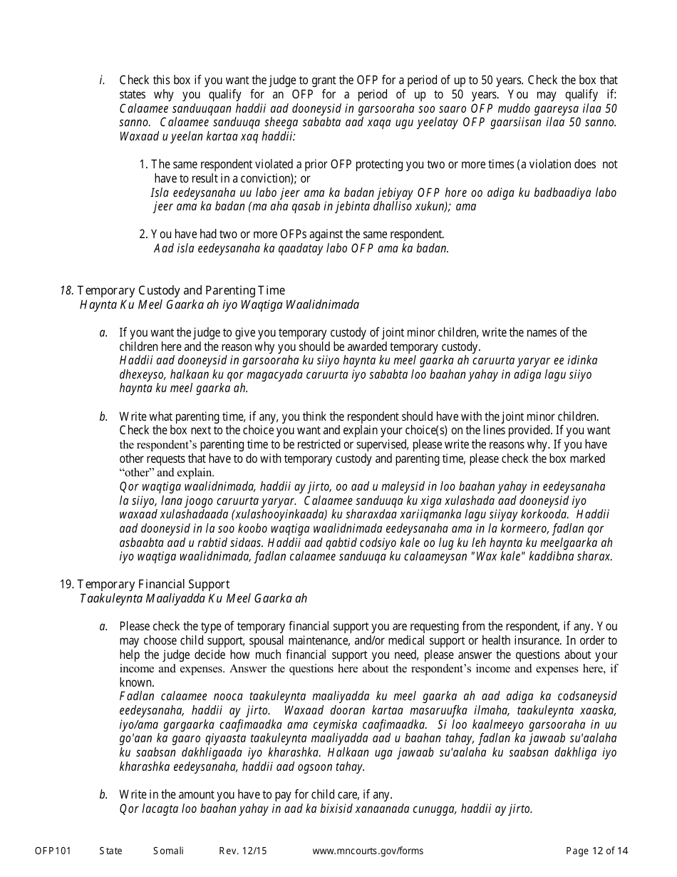 Form OFP101 Instructions to Apply for an Order for Protection - Minnesota (English / Somali), Page 12