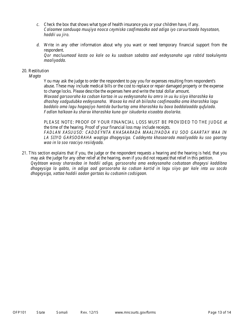 Form OFP101 Instructions to Apply for an Order for Protection - Minnesota (English / Somali), Page 13