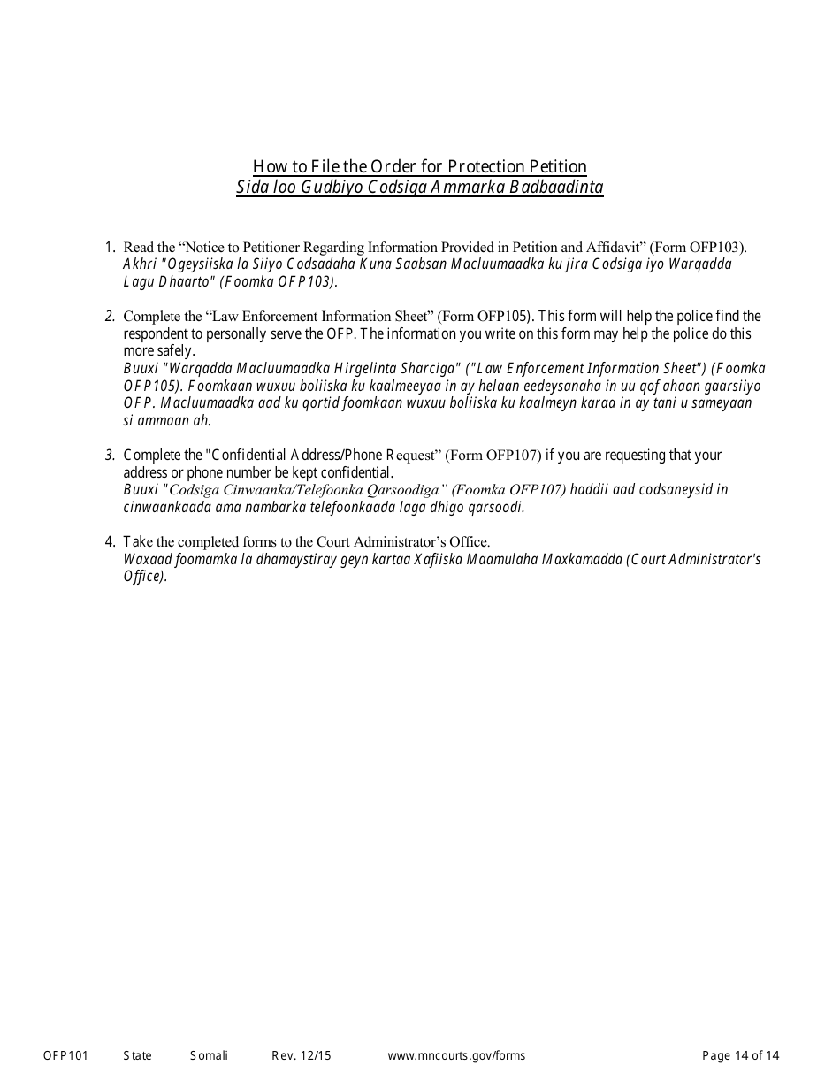 Form OFP101 Instructions to Apply for an Order for Protection - Minnesota (English / Somali), Page 14