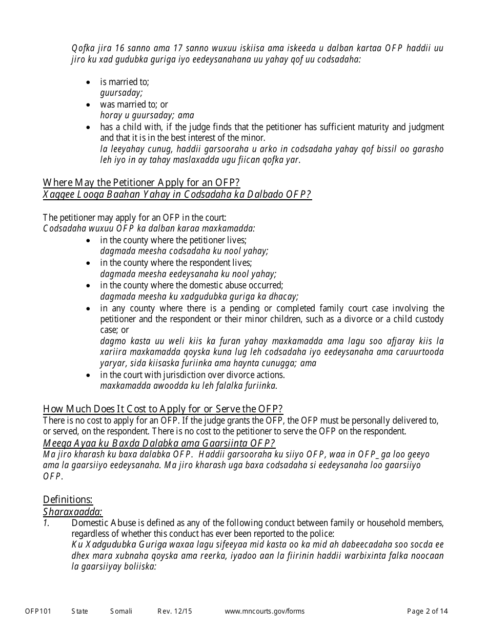 Form OFP101 Instructions to Apply for an Order for Protection - Minnesota (English / Somali), Page 2