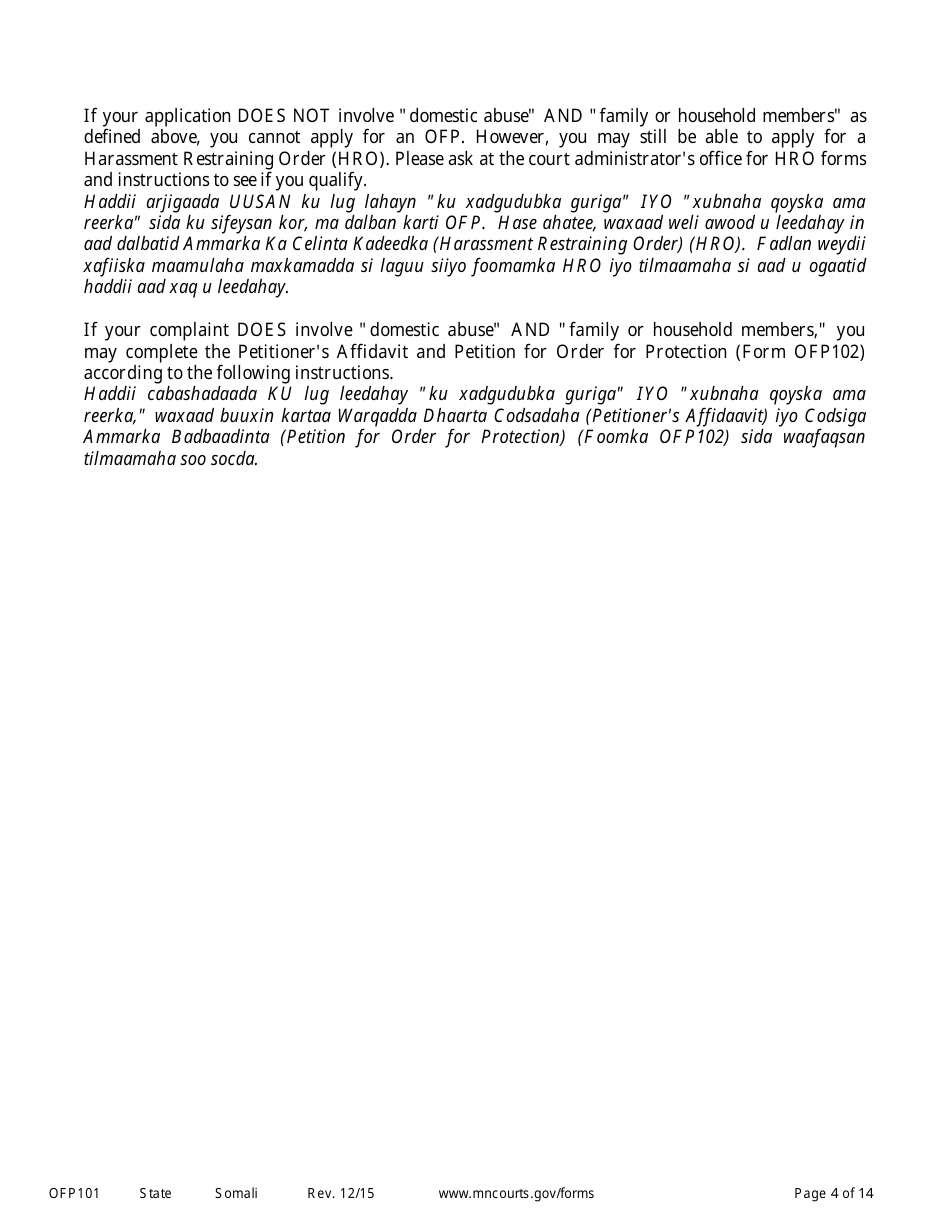 Form OFP101 Instructions to Apply for an Order for Protection - Minnesota (English / Somali), Page 4