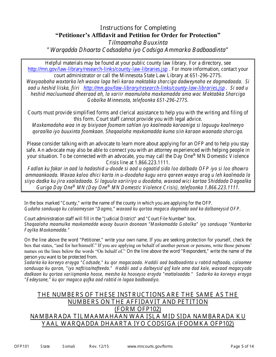 Form OFP101 Instructions to Apply for an Order for Protection - Minnesota (English / Somali), Page 5