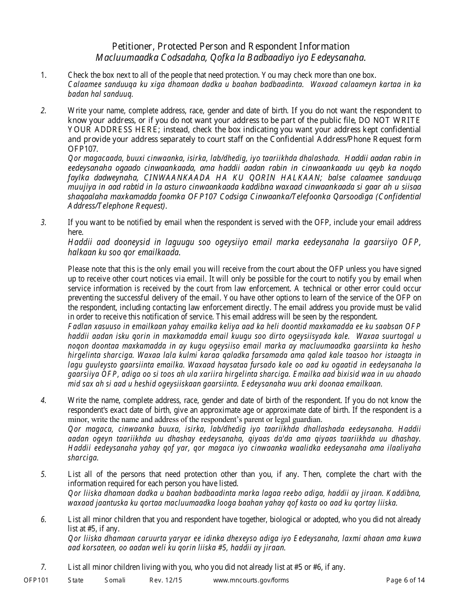 Form OFP101 Instructions to Apply for an Order for Protection - Minnesota (English / Somali), Page 6