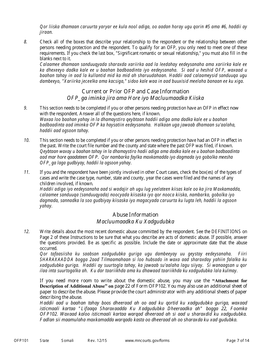 Form OFP101 Instructions to Apply for an Order for Protection - Minnesota (English / Somali), Page 7