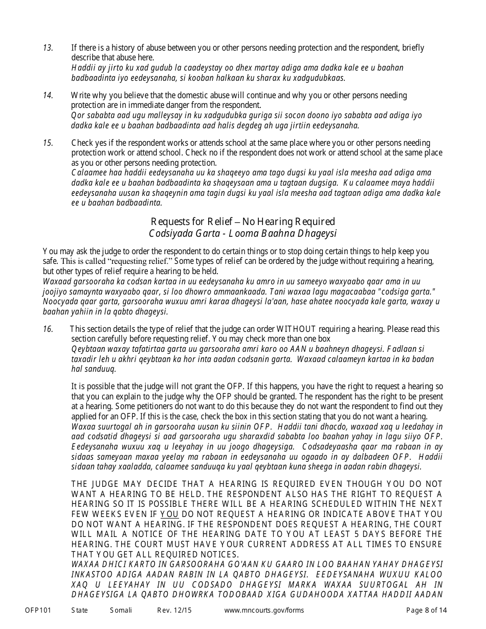 Form OFP101 Instructions to Apply for an Order for Protection - Minnesota (English / Somali), Page 8