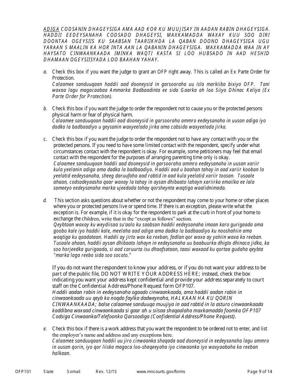 Form OFP101 Instructions to Apply for an Order for Protection - Minnesota (English / Somali), Page 9