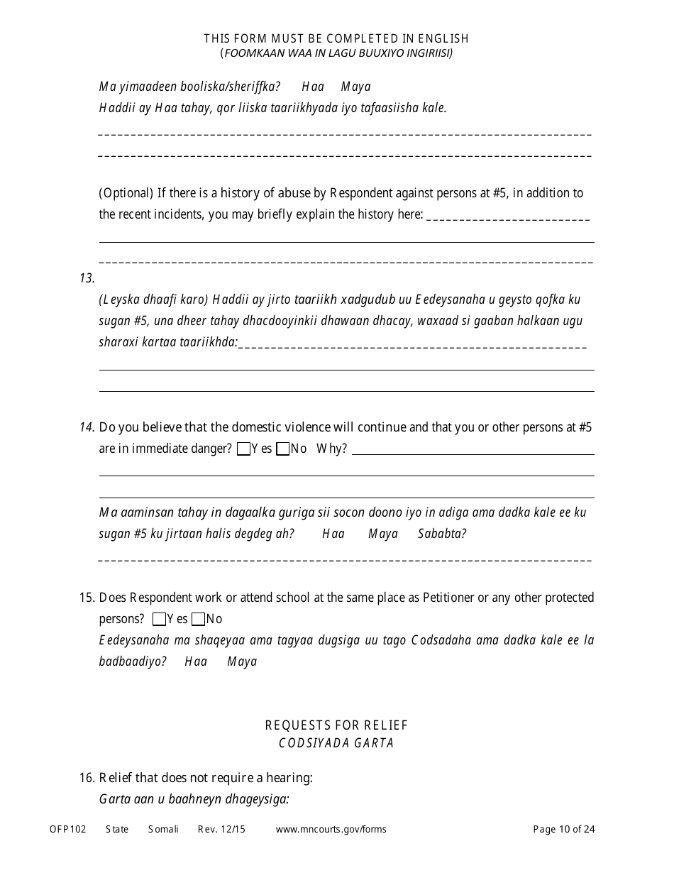Form OFP102 Petitioners Affidavit and Petition for Order of Protection - Minnesota (English / Somali), Page 10