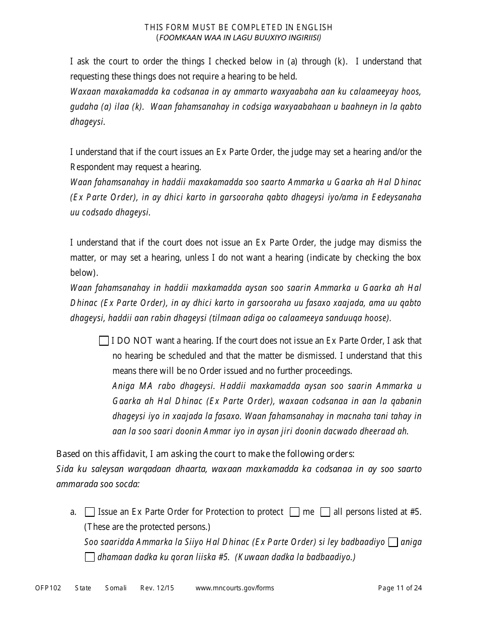 Form OFP102 Petitioners Affidavit and Petition for Order of Protection - Minnesota (English / Somali), Page 11