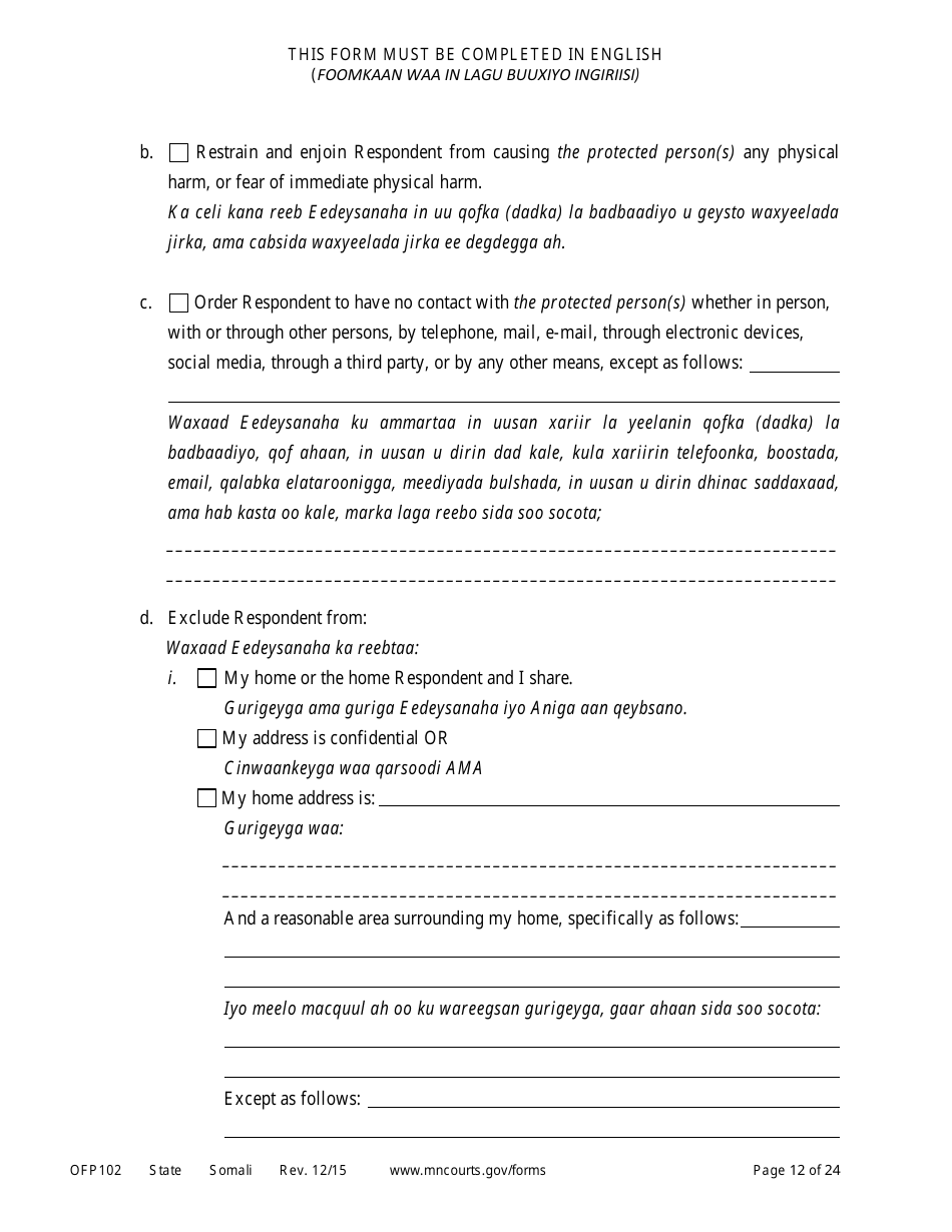 Form OFP102 Petitioners Affidavit and Petition for Order of Protection - Minnesota (English / Somali), Page 12