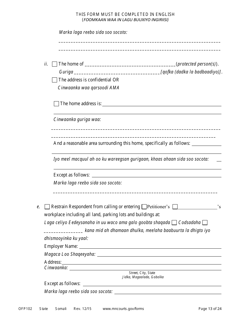 Form OFP102 Petitioners Affidavit and Petition for Order of Protection - Minnesota (English / Somali), Page 13