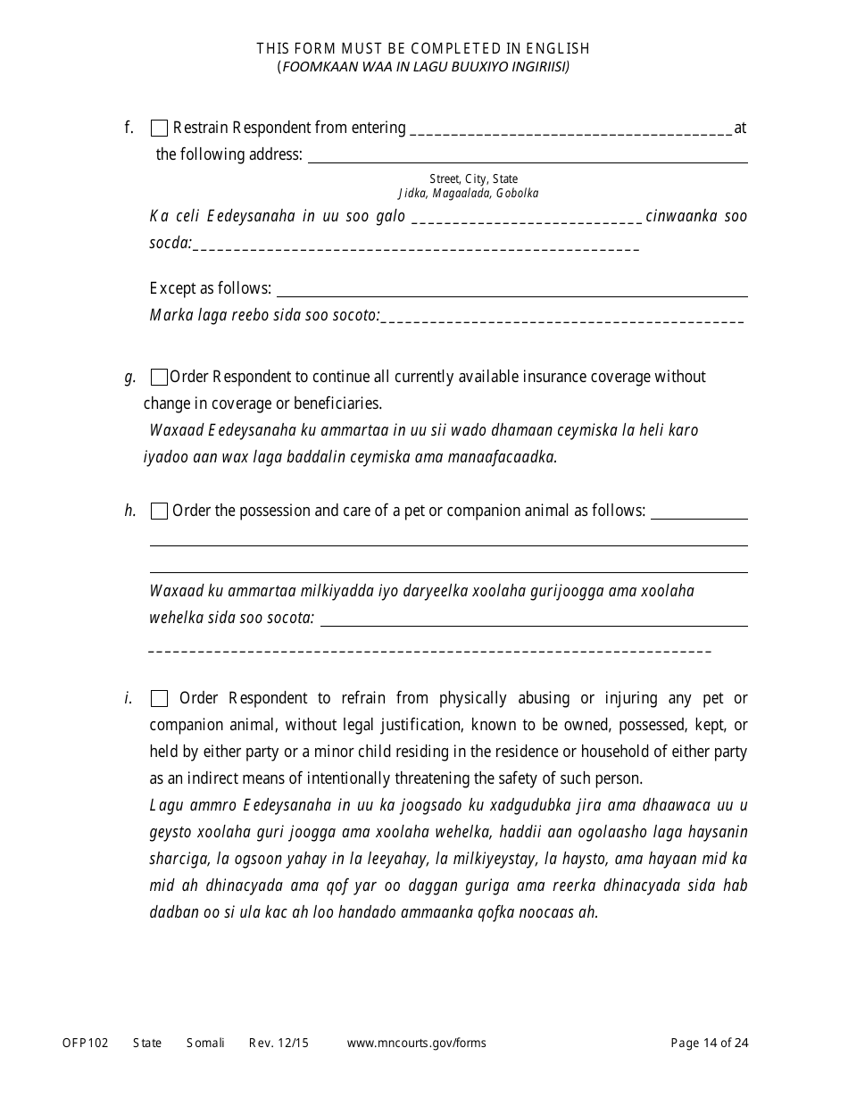 Form OFP102 Petitioners Affidavit and Petition for Order of Protection - Minnesota (English / Somali), Page 14