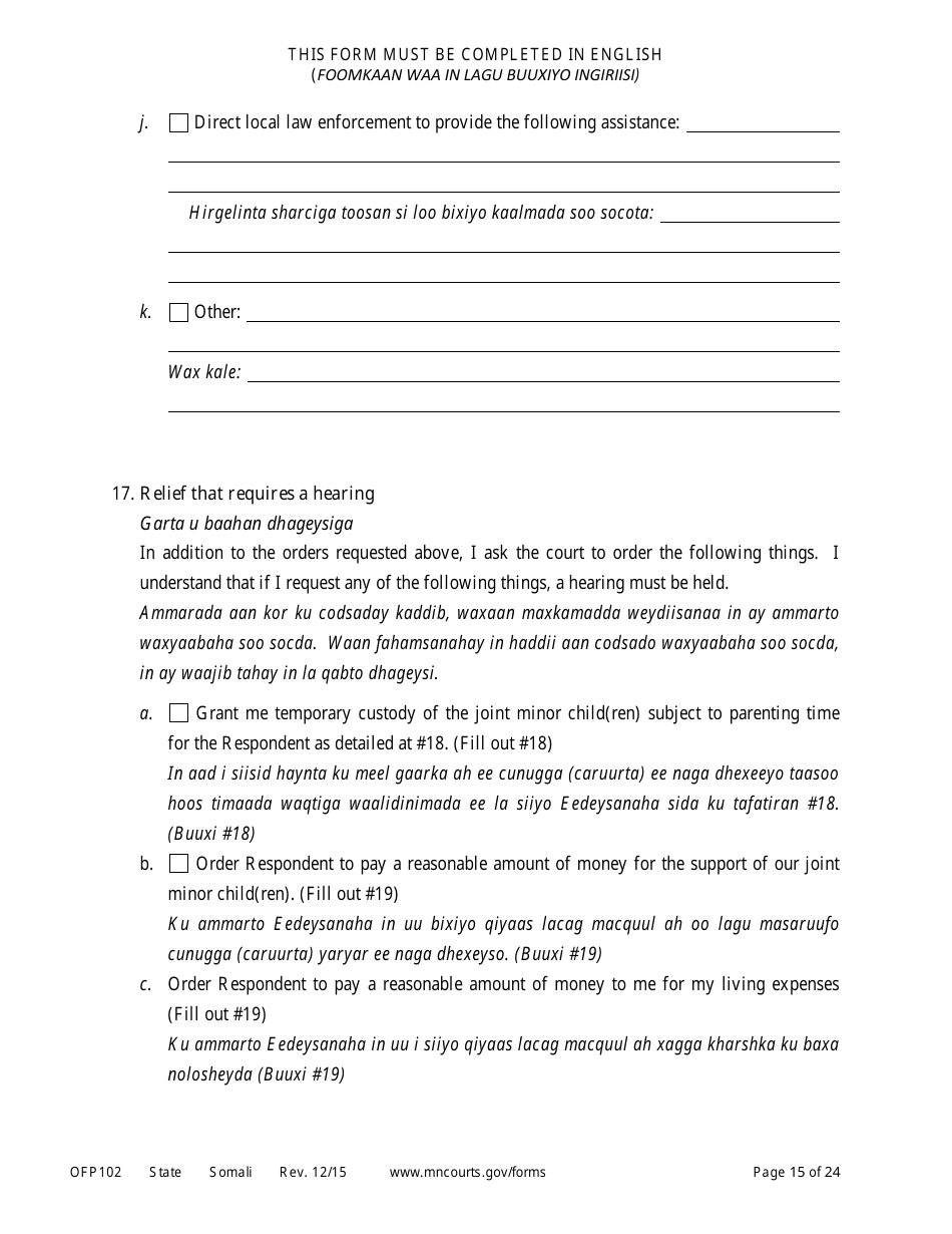 Form OFP102 Petitioners Affidavit and Petition for Order of Protection - Minnesota (English / Somali), Page 15