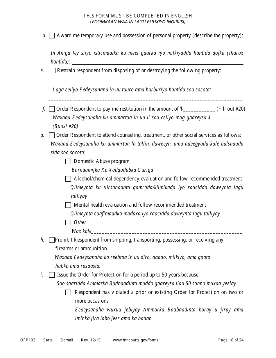 Form OFP102 Petitioners Affidavit and Petition for Order of Protection - Minnesota (English / Somali), Page 16