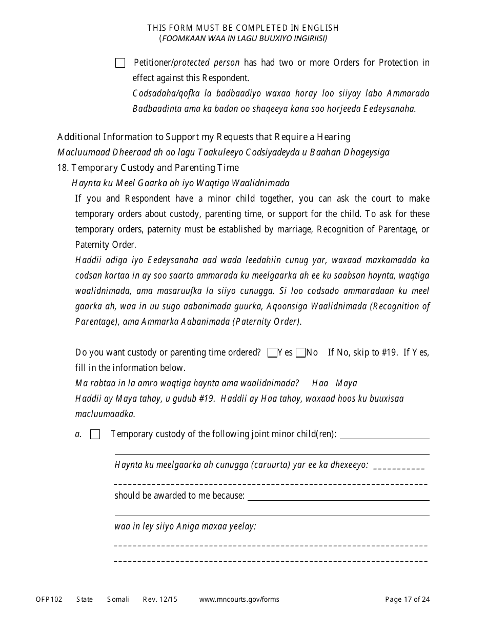 Form OFP102 Petitioners Affidavit and Petition for Order of Protection - Minnesota (English / Somali), Page 17