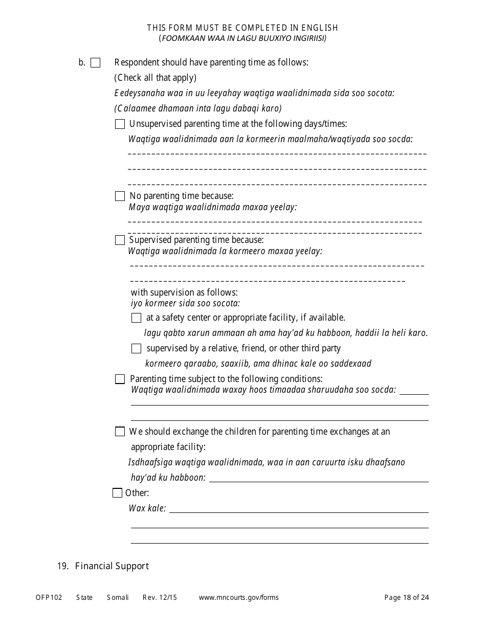 Form OFP102 Petitioners Affidavit and Petition for Order of Protection - Minnesota (English / Somali), Page 18